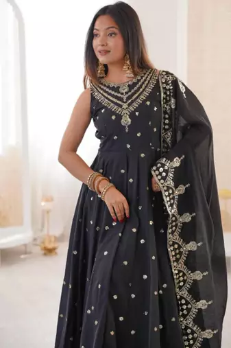 black silk blend embroidered anarkali gown set with dupatta