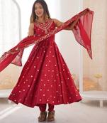 Red silkblend embroidered gown set