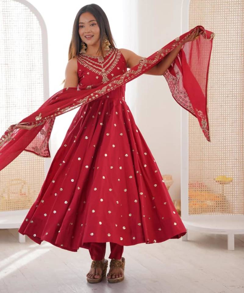 Red silkblend embroidered gown set