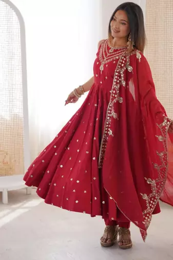 red silk blend embroidered anarkali gown set with dupatta