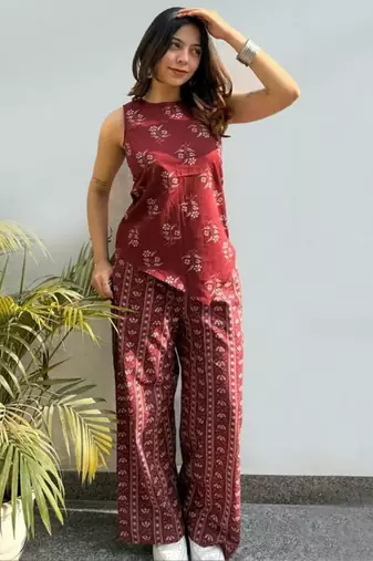 maroon rayon printed kurta set with wide leg pants