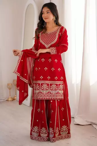 red georgette embroidered plus size sharara set