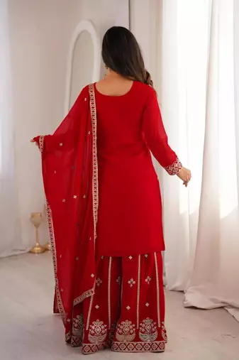 red georgette embroidered plus size sharara set