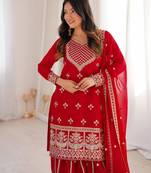 Red georgette embroidered sharara set