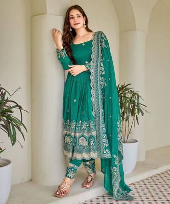 sea green silk blend embroidered plus size anarkali 1