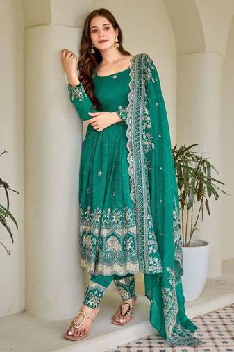 sea green silk blend embroidered plus size anarkali