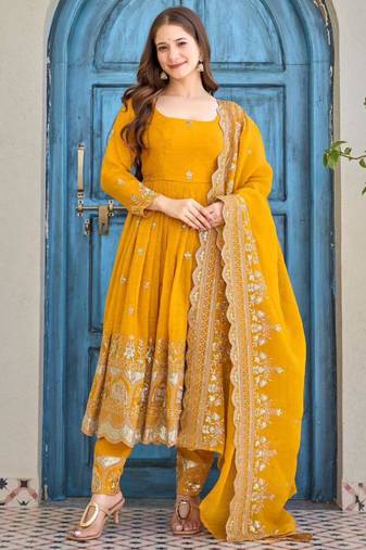 yellow silk blend embroidered plus size anarkali set