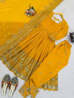 yellow silk blend embroidered plus size anarkali set 2