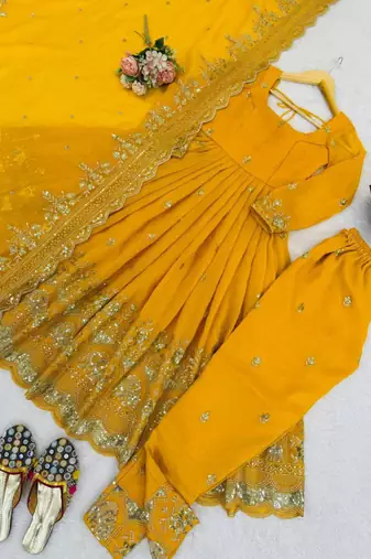 yellow silk blend embroidered plus size anarkali set