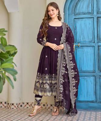 purple silk blend embroidered plus size anarkali set 1