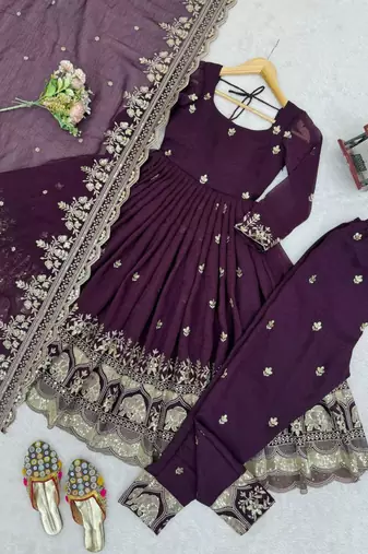 purple silk blend embroidered plus size anarkali set