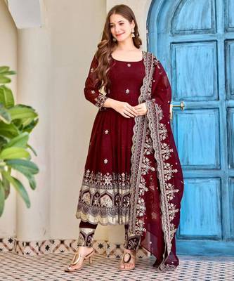 maroon silk blend embroidered plus size anarkali set 1