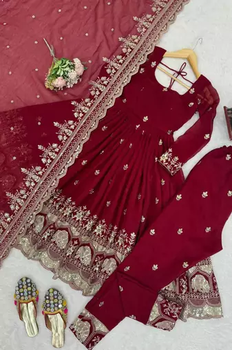 maroon silk blend embroidered plus size anarkali set