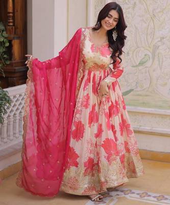 pink silk blend printed plus size anarkali set 2