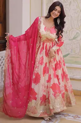 pink silk blend printed plus size anarkali set