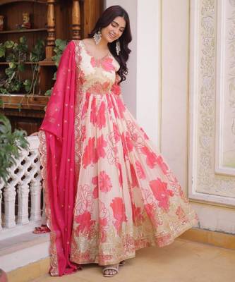 pink silk blend printed plus size anarkali set 3