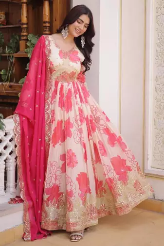 pink silk blend printed plus size anarkali set