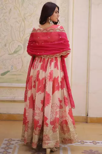 pink silk blend printed plus size anarkali set