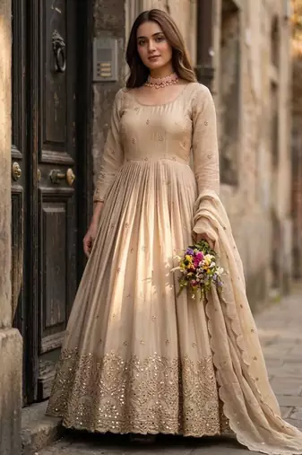 Beige silkblend embroidered gown set