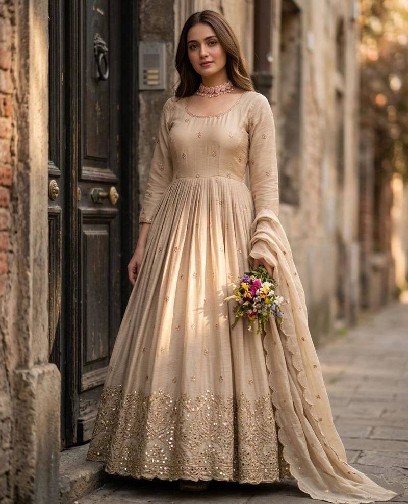 Beige silkblend embroidered gown set