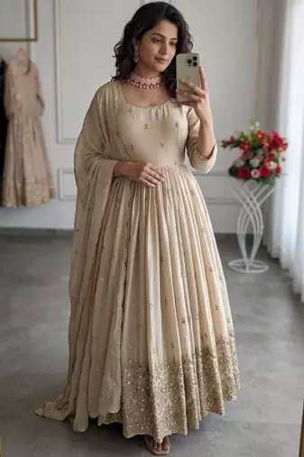 beige silk blend embroidered plus size anarkali set