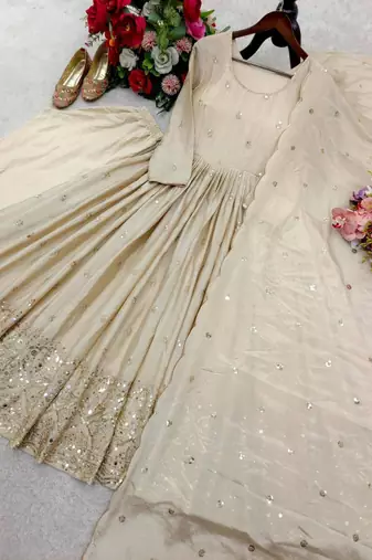 beige silk blend embroidered plus size anarkali set