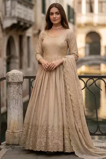 beige silk blend embroidered plus size anarkali set
