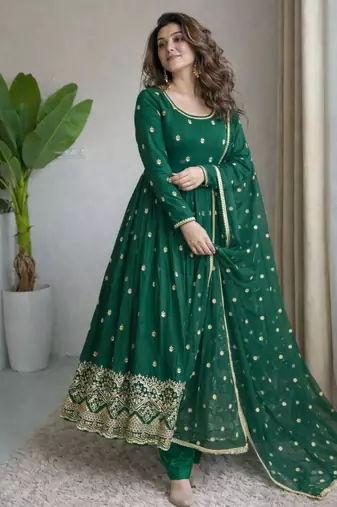 green silk blend embroidered plus size anarkali set