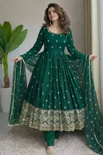 Green silkblend embroidered gown set