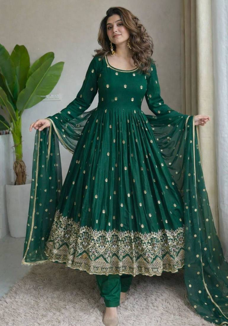 Green silkblend embroidered gown set