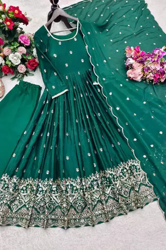 green silk blend embroidered plus size anarkali set