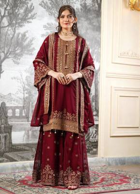 maroon silk blend embroidered plus size sharara set 1