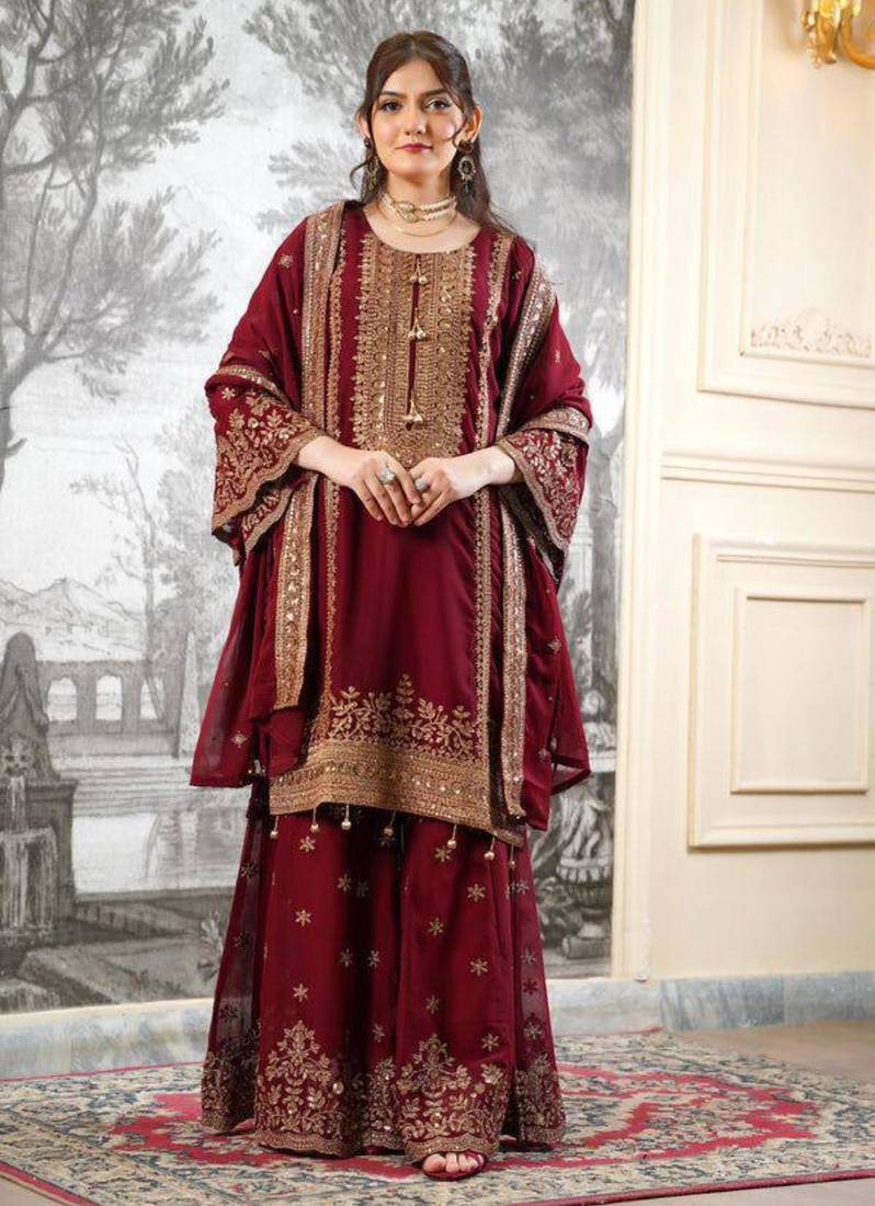 Maroon silkblend embroidered sharara set