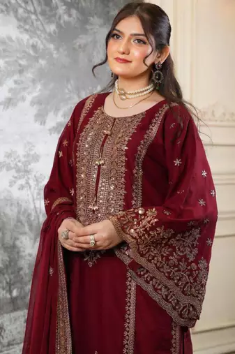 maroon silk blend embroidered plus size sharara set