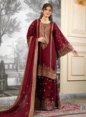 maroon silk blend embroidered plus size sharara set 3