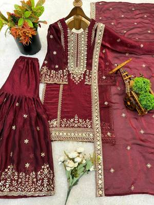maroon silk blend embroidered plus size sharara set 4