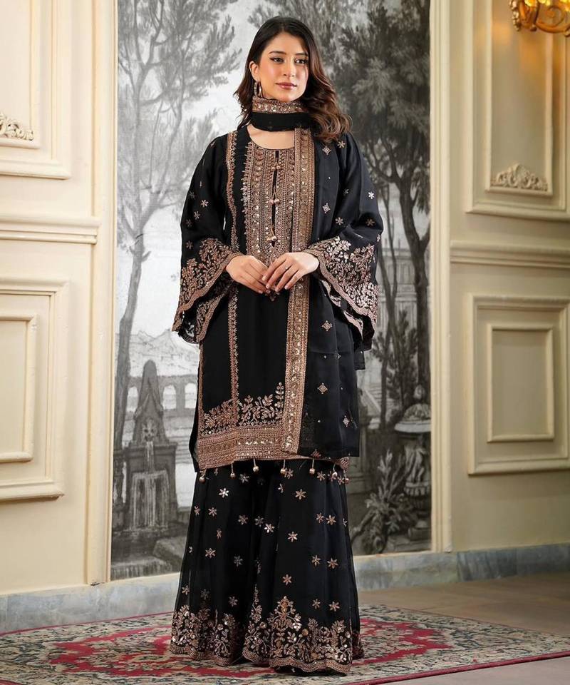 Black silkblend embroidered sharara set