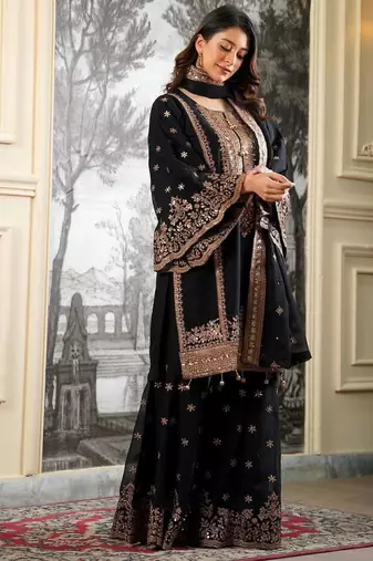 black silk blend embroidered plus size sharara set