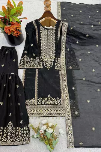 black silk blend embroidered plus size sharara set