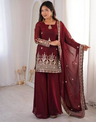 maroon silk blend zari embroidered plus size sharara set 1