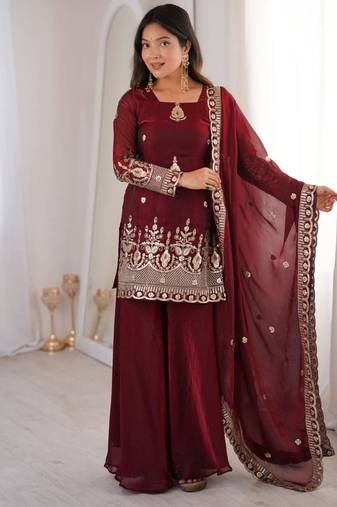 Maroon silkblend embroidered sharara set