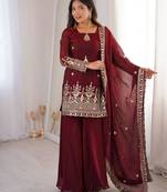 Maroon silkblend embroidered sharara set