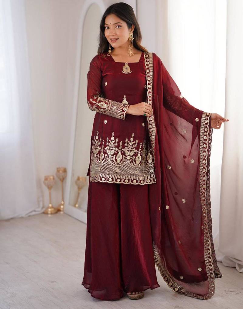 Maroon silkblend embroidered sharara set