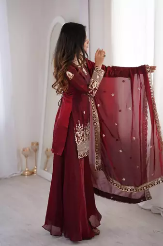 maroon silk blend zari embroidered plus size sharara set