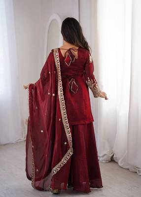 maroon silk blend zari embroidered plus size sharara set 3