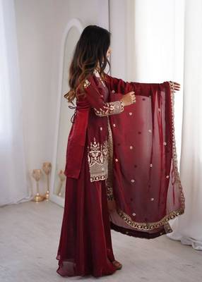 maroon silk blend zari embroidered plus size sharara set 4