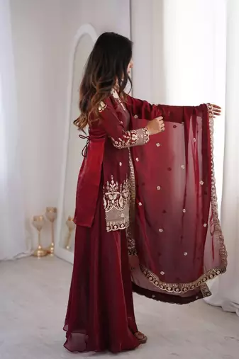 maroon silk blend zari embroidered plus size sharara set