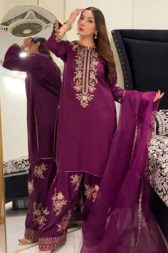 Purple crepe embroidered sharara set