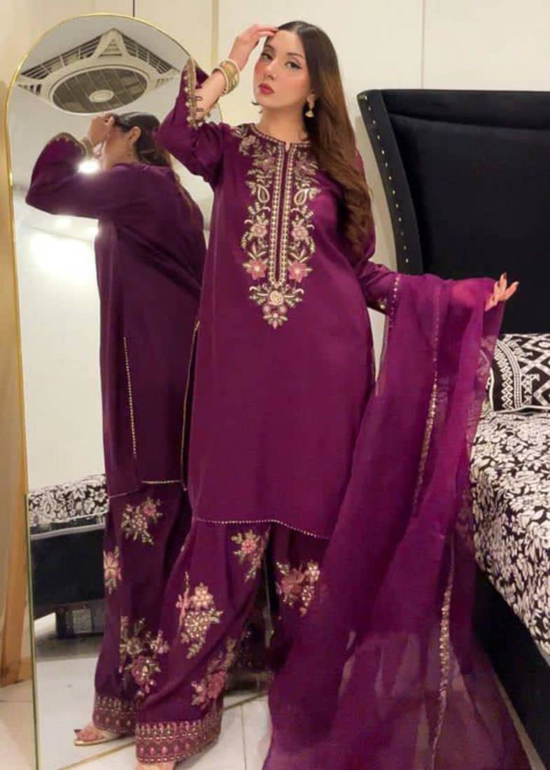 Purple crepe embroidered sharara set