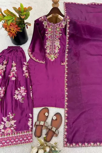 wine purple crepe embroidered plus size sharara set